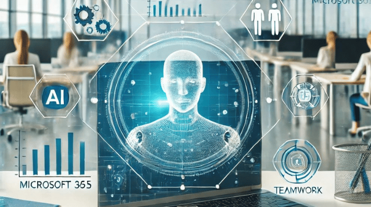 Image représentant un environnement de travail moderne avec l'intégration de l'intelligence artificielle de Microsoft 365, illustrant la productivité, l'automatisation et la gestion sécurisée des données dans les entreprises
